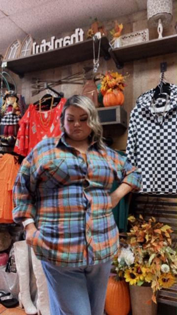 Blue and Orange Plaid Top