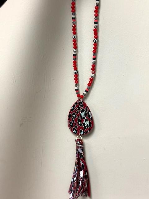 Red Animal Print Fringe Necklace