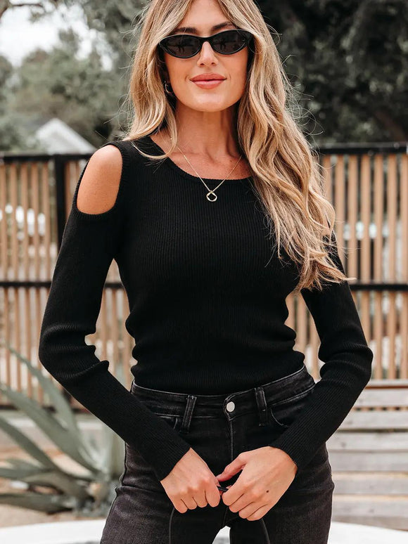 Black Ribbed Knit Cold Shoulder Sweater