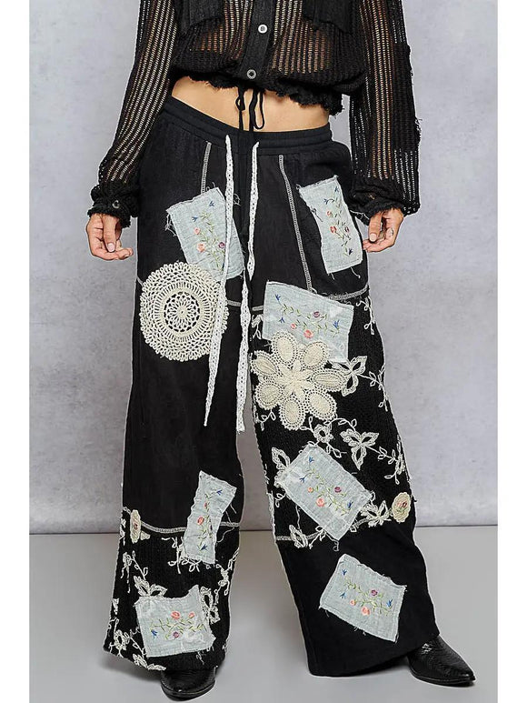 Solid Lace Patch Detail Woven Pants