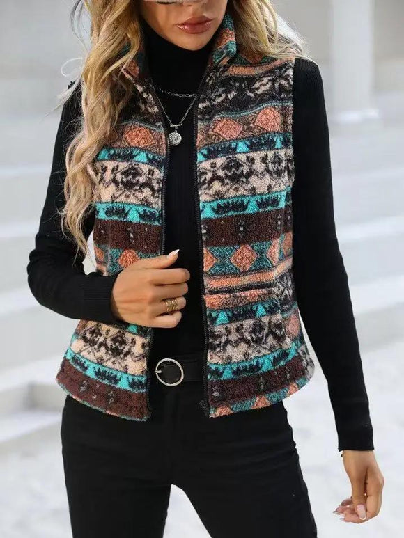 Western Vintage Aztec Fleece Zip-Up Vest Sleeveless Jacket