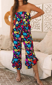 Tropical Strapless Ruffle Jumpsuit