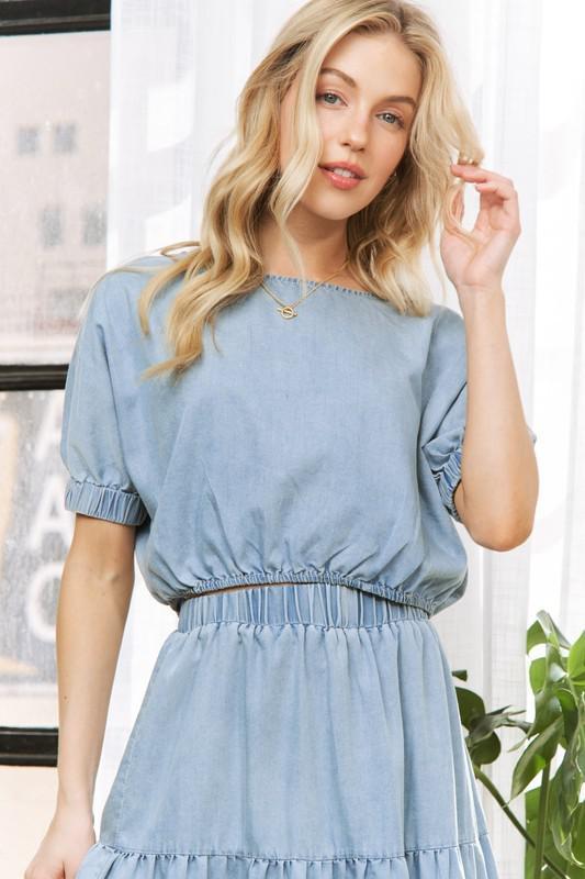 Denim Wash Drop Shoulder Crop Top With Elastic Ban