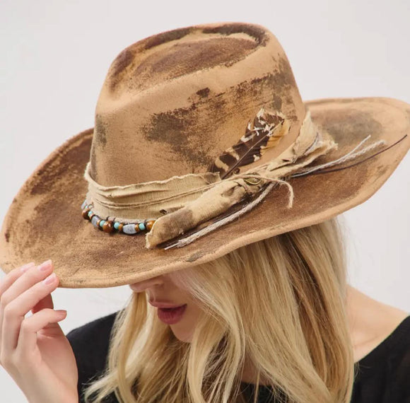Beige Distressed Western Hat