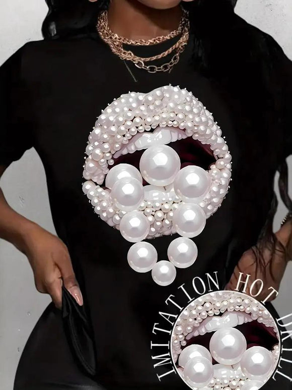 Round Neck Pearl Lips Print Short Sleeve
