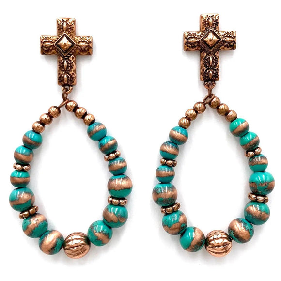 Cross Cat's Eye Pearl Beaded Open Teardrop Earrings