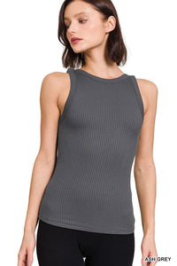 Ash Grey Soft Ribbed Tight Crew Neck Tank Top