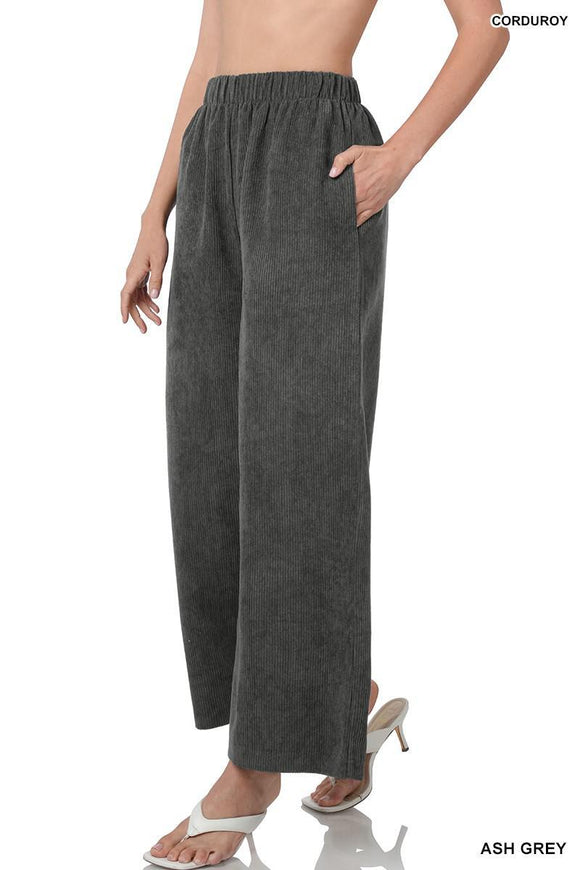 Ash Gray Corduroy Wide Leg Pants With Pockets