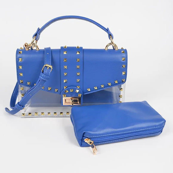 Cobalt Faux Leather Studded Clear Bag W/Purse