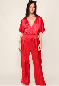 Red Satin Jumpsuit With Smocked Waist