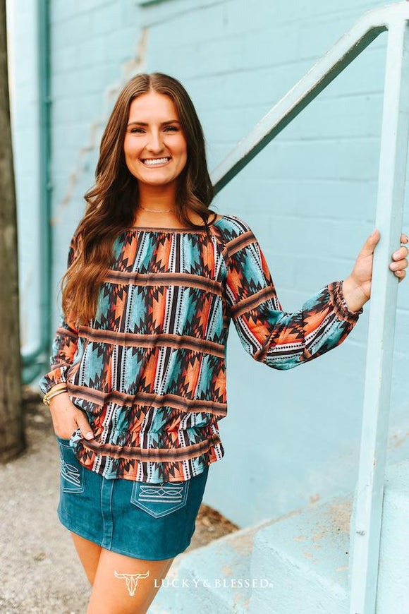 Multi Aztec Off Shoulder Loose Puff Long Sleeve Blouse