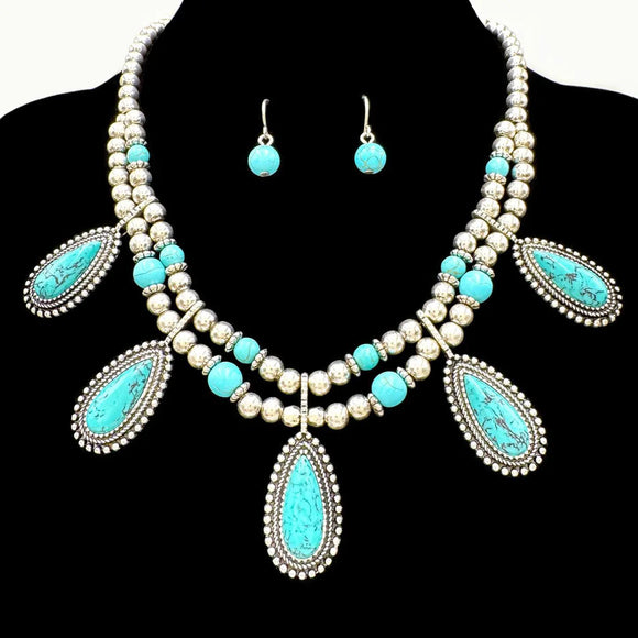 Teardrop Cabochon Stone Beaded Antique Necklace Earrings Set