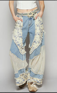 Floral Print Crochet Contrast Casual Jeans