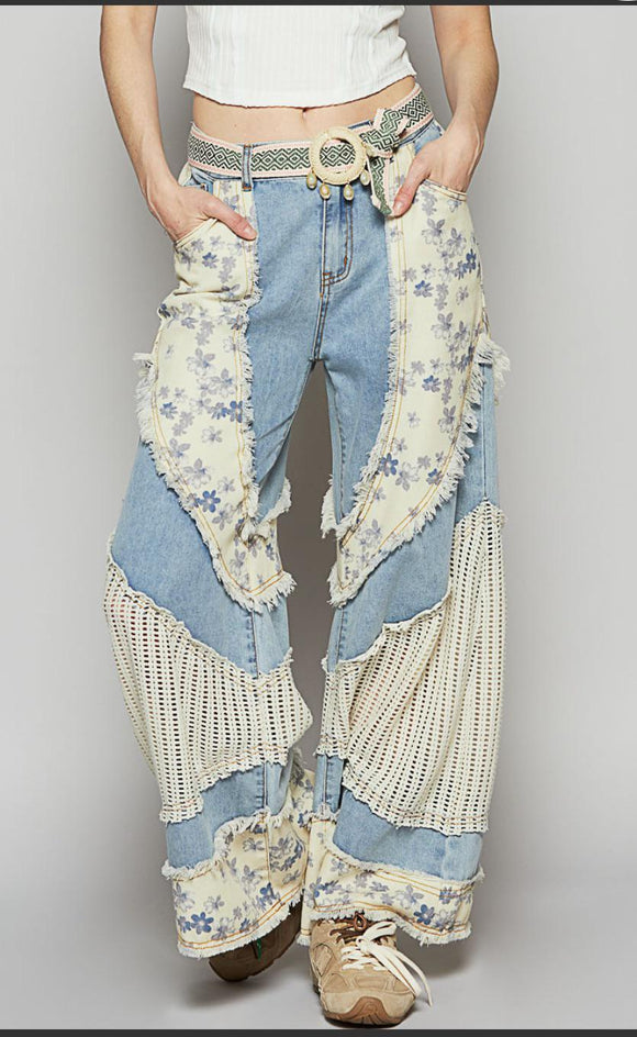 Floral Print Crochet Contrast Casual Jeans