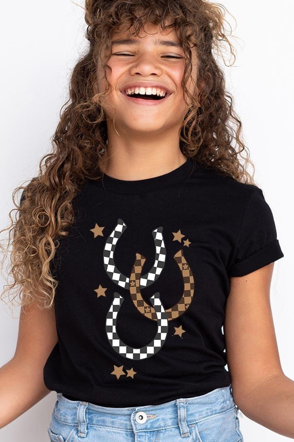 Western Checkered Horseshoes Kids Graphic Tee
