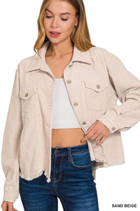 Distressed Corduroy Frayed Hem Cropped Jacket