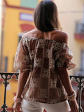 Floral Embroidery Off-Shoulder Petal Sleeve Blouse in Brown