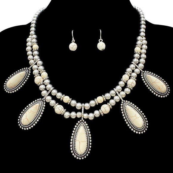 Beige Teardrop Cabochon Stone Beaded Antique Necklace Earrings Set