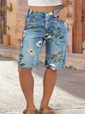 Floral Printed Blue Jeans Shorts Bermuda Shorts