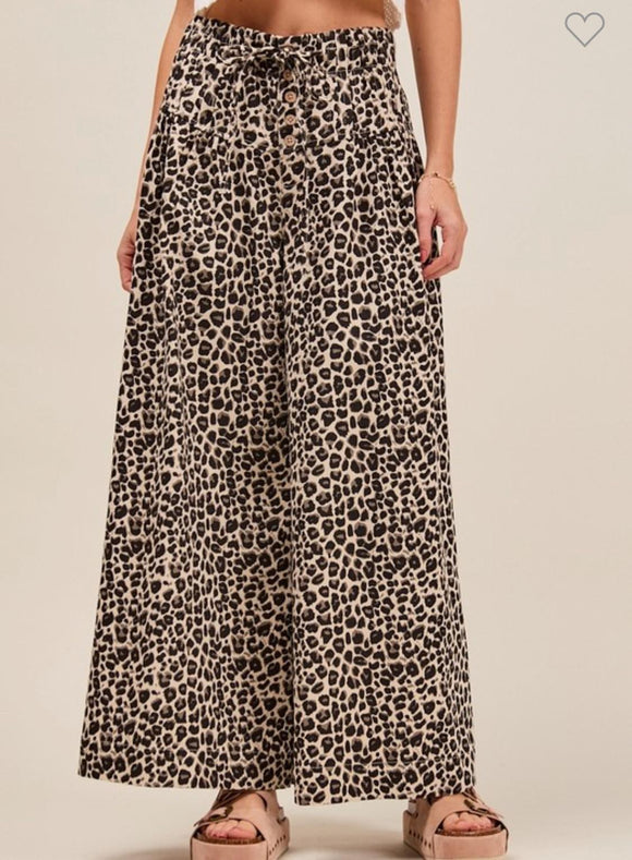 Wide Leg Leopard Pants With Drawstring