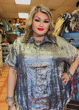 Smart Metallic Textured Short Sleeve Blouse Pullover