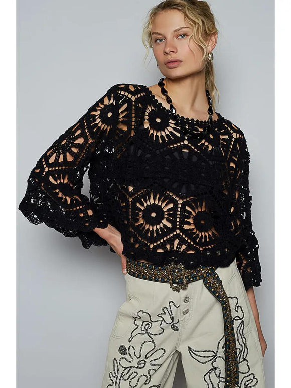 Round Neck 3/4 Sleeve Crochet Cropped Top
