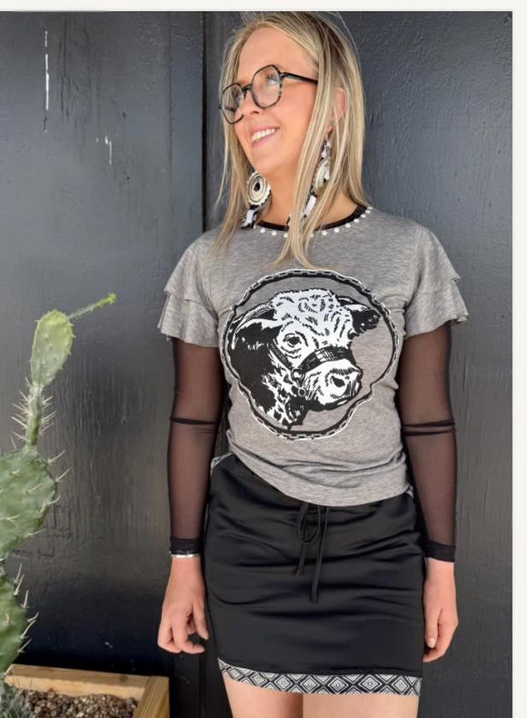 COW PRINT TEE WITH MESH