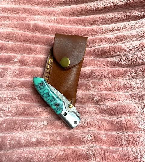 Azure Slide Damascus Turquoise Resin Knife