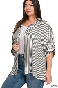 Plus Rayon Striped Short Sleeve Button Up Shirt