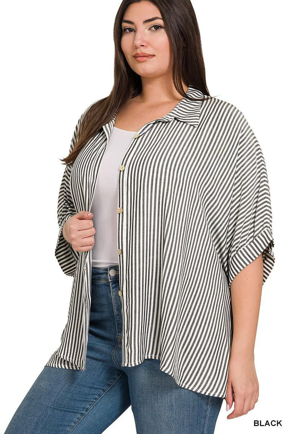Plus Rayon Striped Short Sleeve Button Up Shirt