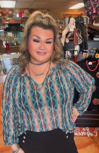 Black Jade Aztec Printed Puff Sleeve V Neck Long Sleeve Blouse Plus