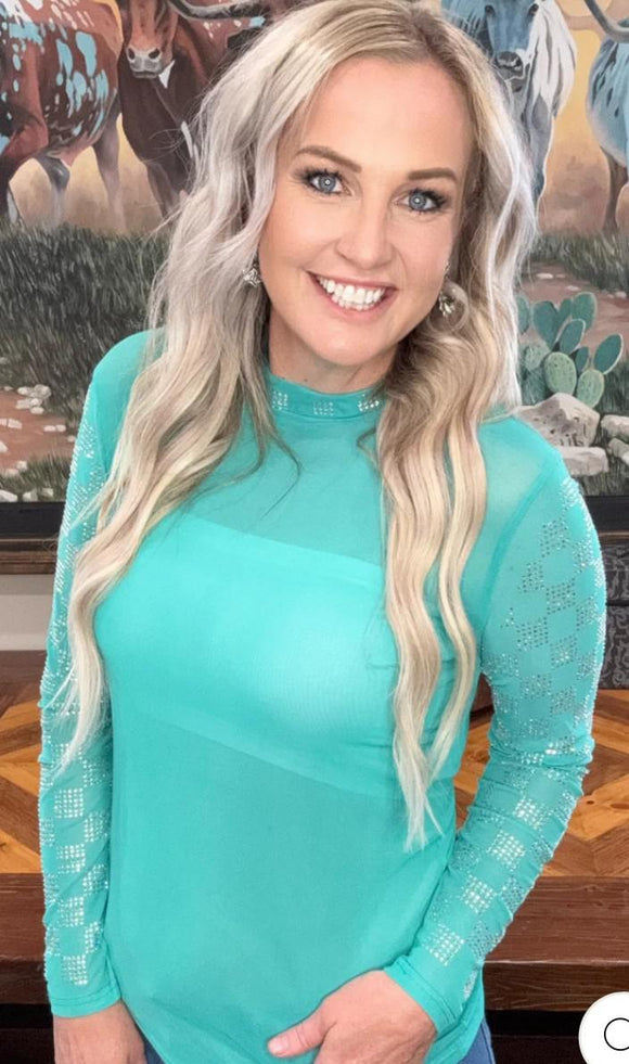 Checked In Turquoise Mesh Top