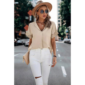 Solid Lace Trim Sleeve V Neck Fit Blouse