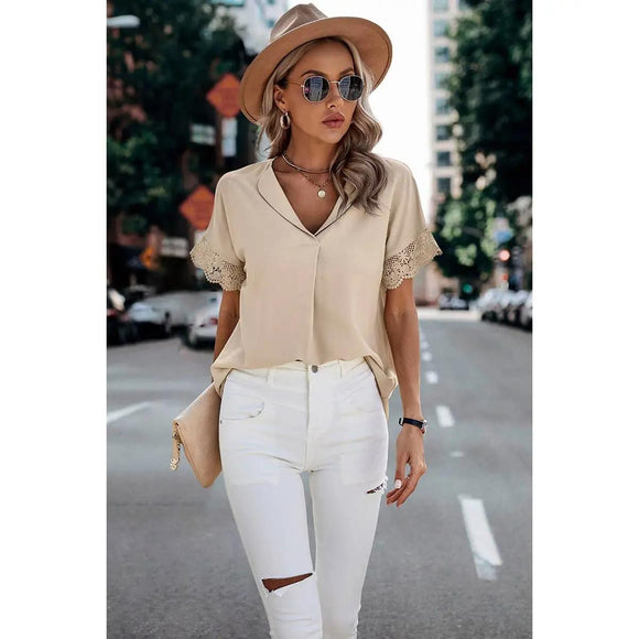 Solid Lace Trim Sleeve V Neck Fit Blouse