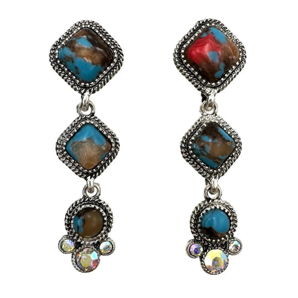 Bisbee Turquoise Ab Rhinestone Three Studs Earrings