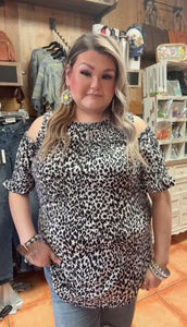 Ivory Black Animal Cold Shoulder Top