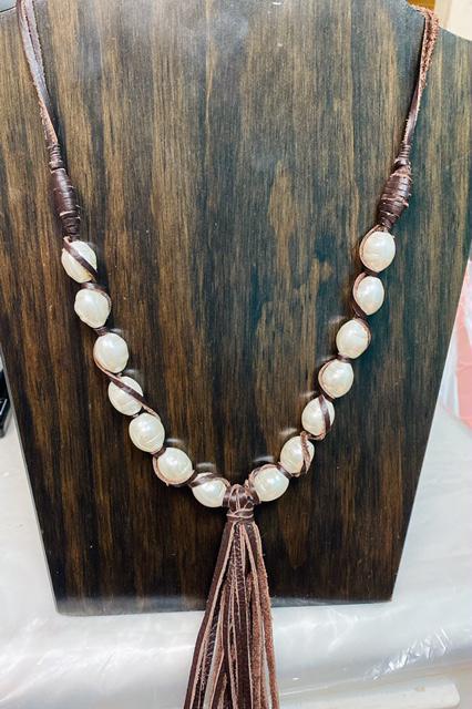 Pearl and Brown Leather Tassel Necklace