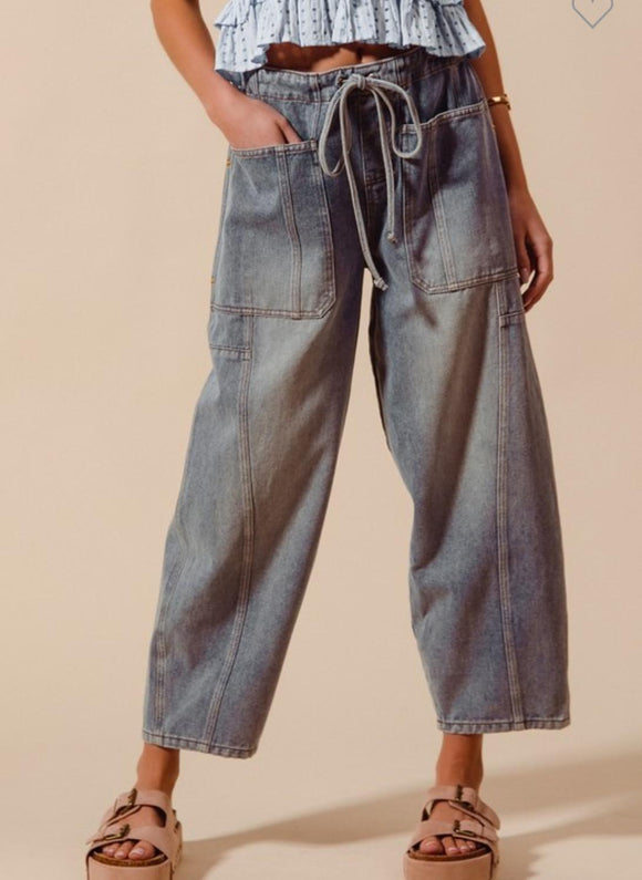 Denim Wide Leg Drawstring Jeans