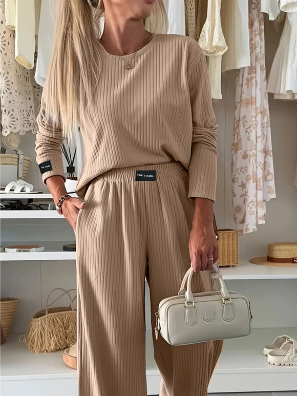 Long Sleeved Top and High Waisted Pants Two-Piece Set