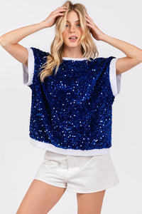 BLUE AND WHITE SEQUIN TOP