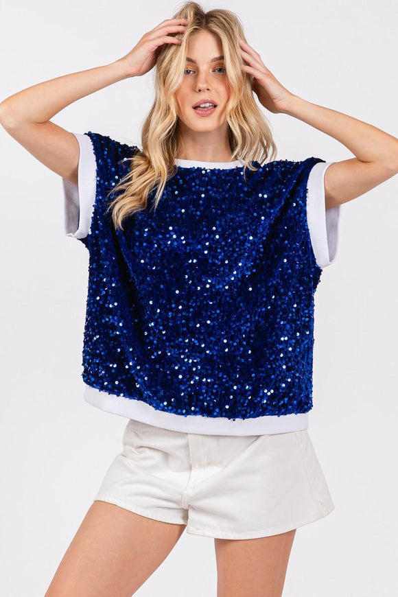 BLUE AND WHITE SEQUIN TOP