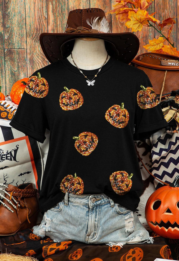 Halloween Sequin Pumpkin Shiny Graphic T Shirt