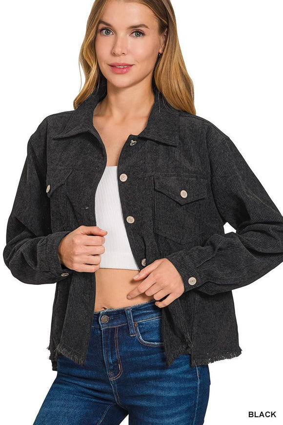 Black Distressed Corduroy Frayed Hem Cropped Jacket