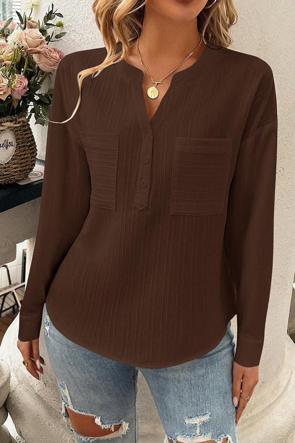Solid Buttons V Neck Elegant Front Pockets Blouse