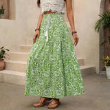 Green Boho Print High Waist Split Maxi Skirt Summer