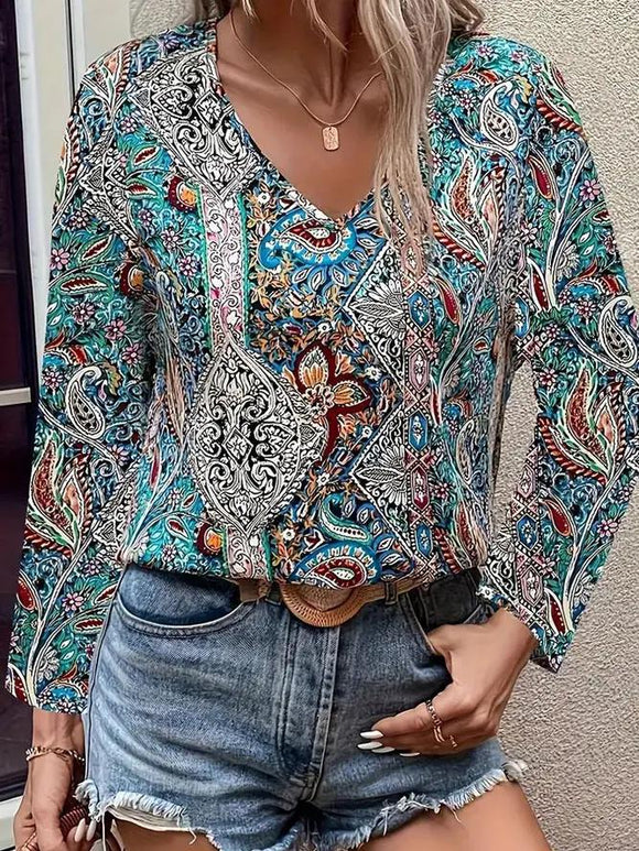 V Neck Long Sleeve Paisley