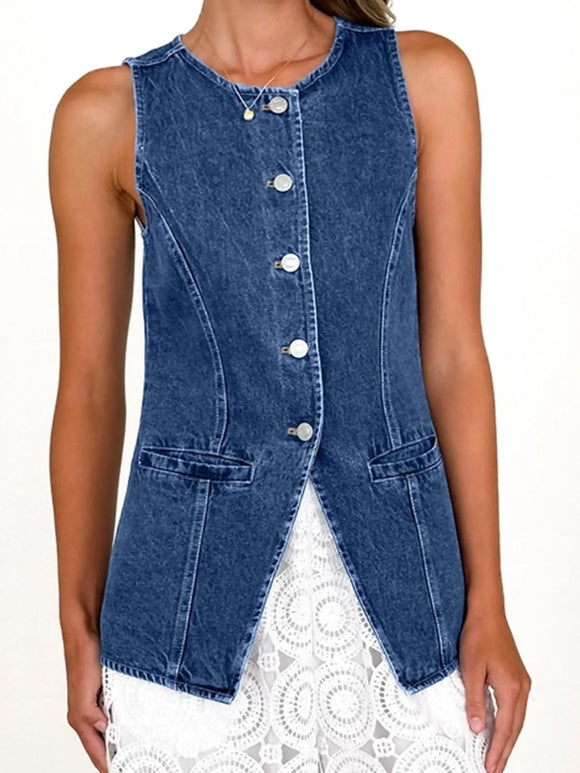 Retro Round-Neck Cinched Waist Denim Vest
