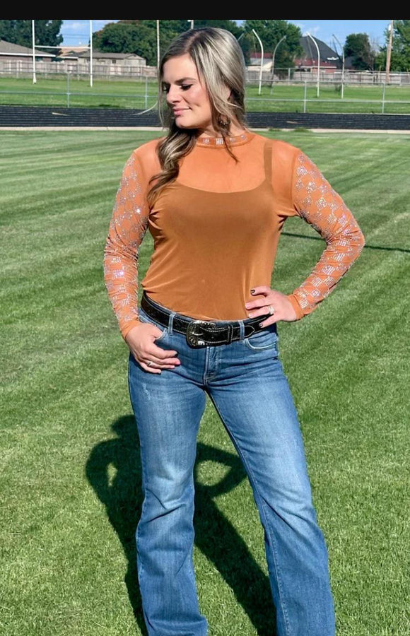 Checked In Burnt Orange Mesh Top