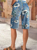 Floral Printed Blue Jeans Shorts Bermuda Shorts