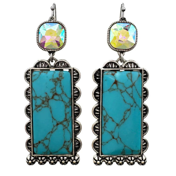 Rectangle Turquoise Stone Rhinestone Statement Earrings
